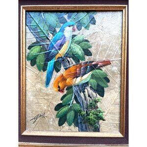 Vintage Gris Painting on Silk Artist Signed Exotic Tropical Birds Thailand  Gold